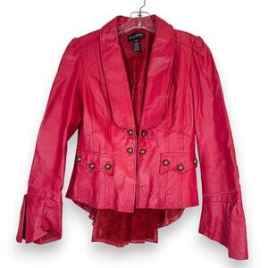 Vintage Y2K Red Leather Jacket Tuxedo Tail Brass Buttons Retro Small